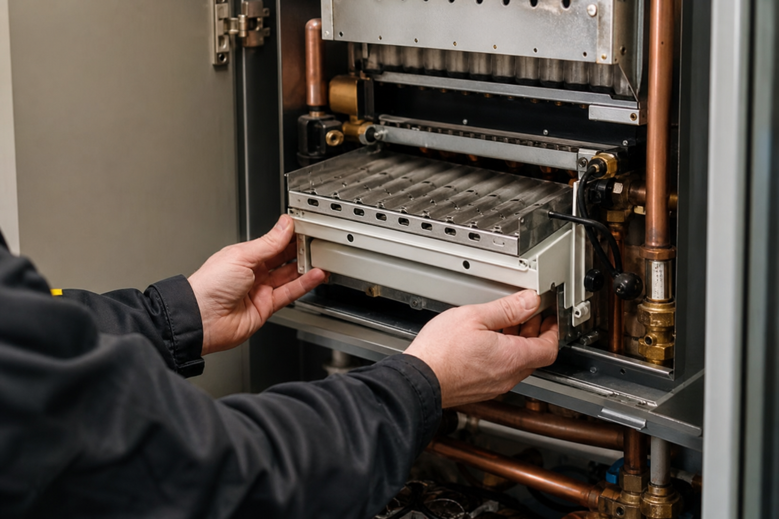 Boiler cupboard opened for a holiday-let gas safety check