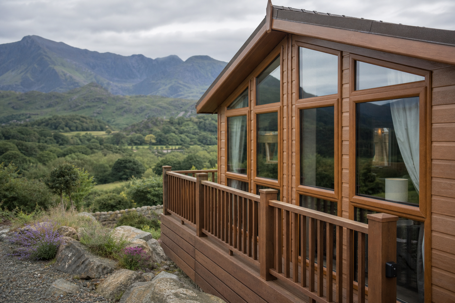 Timber lodge holiday home with Eryri hills behind