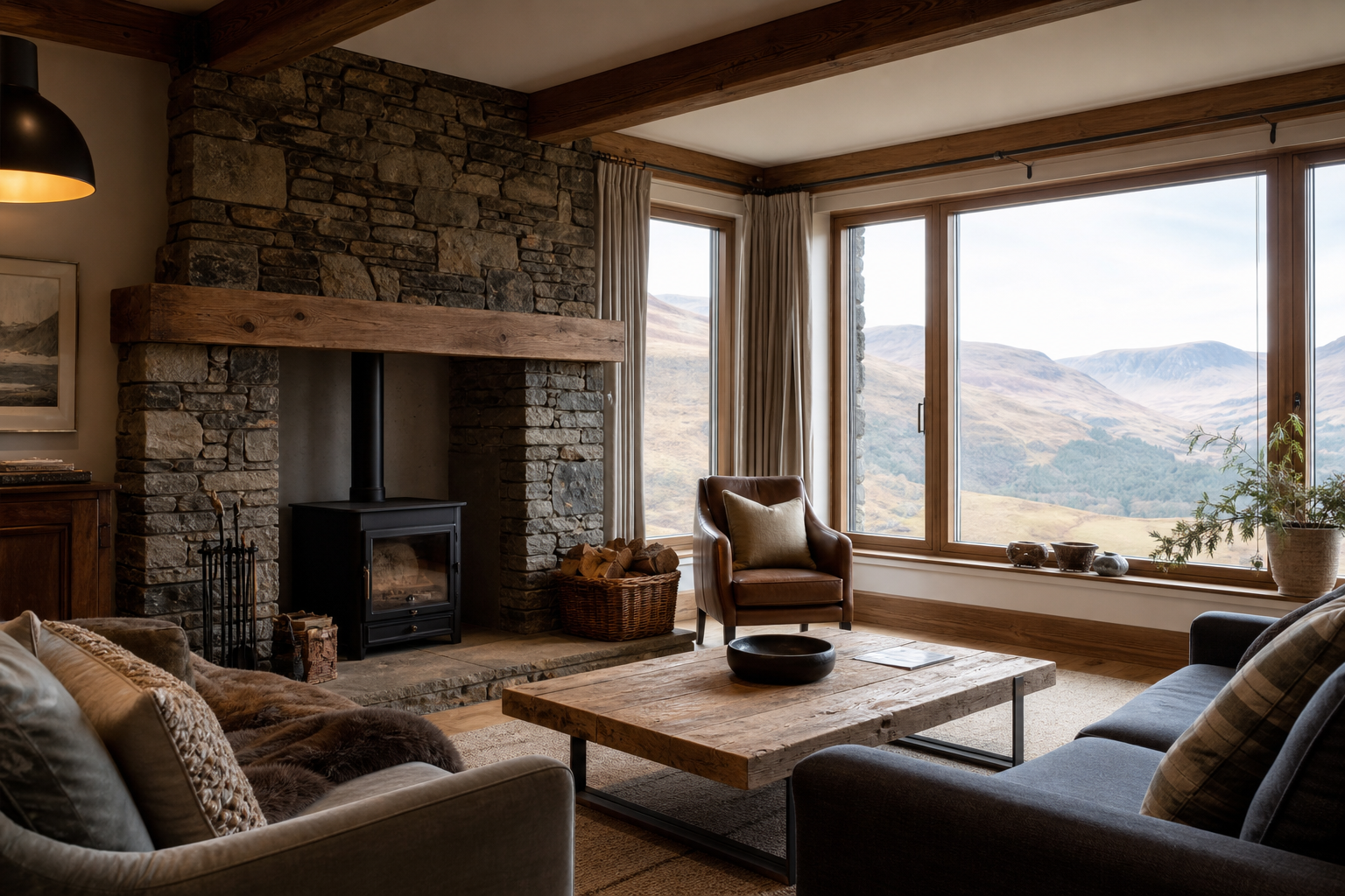 Wide mountain-edge cottage view